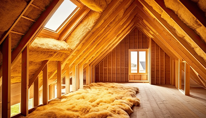 À l'intérieur d'une maison, une charpente en bois apparente soutient le toit. Entre les poutres, de l'isolant en laine de verre est soigneusement installé, offrant une protection thermique et acoustique optimale, améliorant le confort intérieur