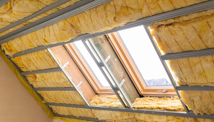 Une fenêtre est entourée d'isolant en laine de verre, assurant une excellente isolation thermique et acoustique. Cette installation améliore le confort intérieur en réduisant les pertes de chaleur