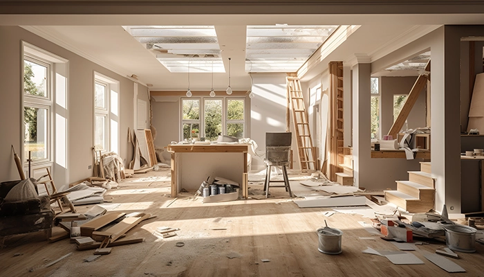 À l'intérieur d'une maison, on voit une rénovation en cours avec du bois. La cuisine, l'escalier, le sol et le parquet sont refaits pour améliorer l'esthétique et la fonctionnalité. Les matériaux en bois apportent une touche chaleureuse et élégante à l'espace